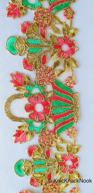 Wholesale Flower Basket Cutwork Trim, Embroidered In Gold, Pink & Green